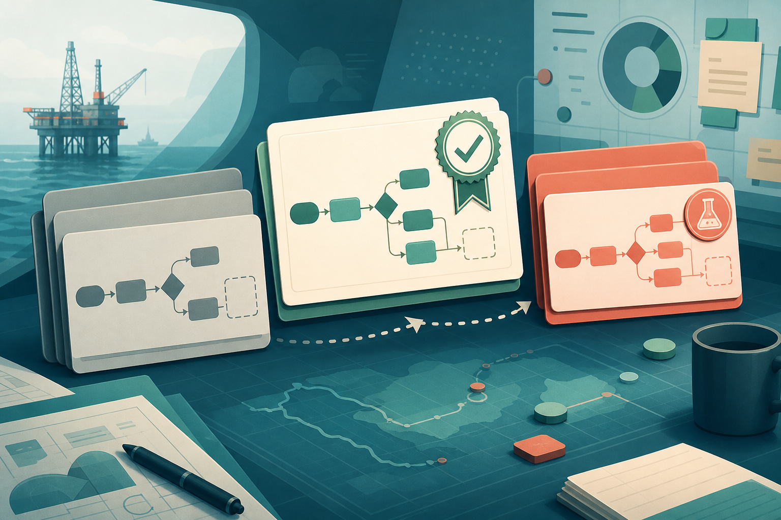 Process-change evidence in offshore operations research editorial illustration