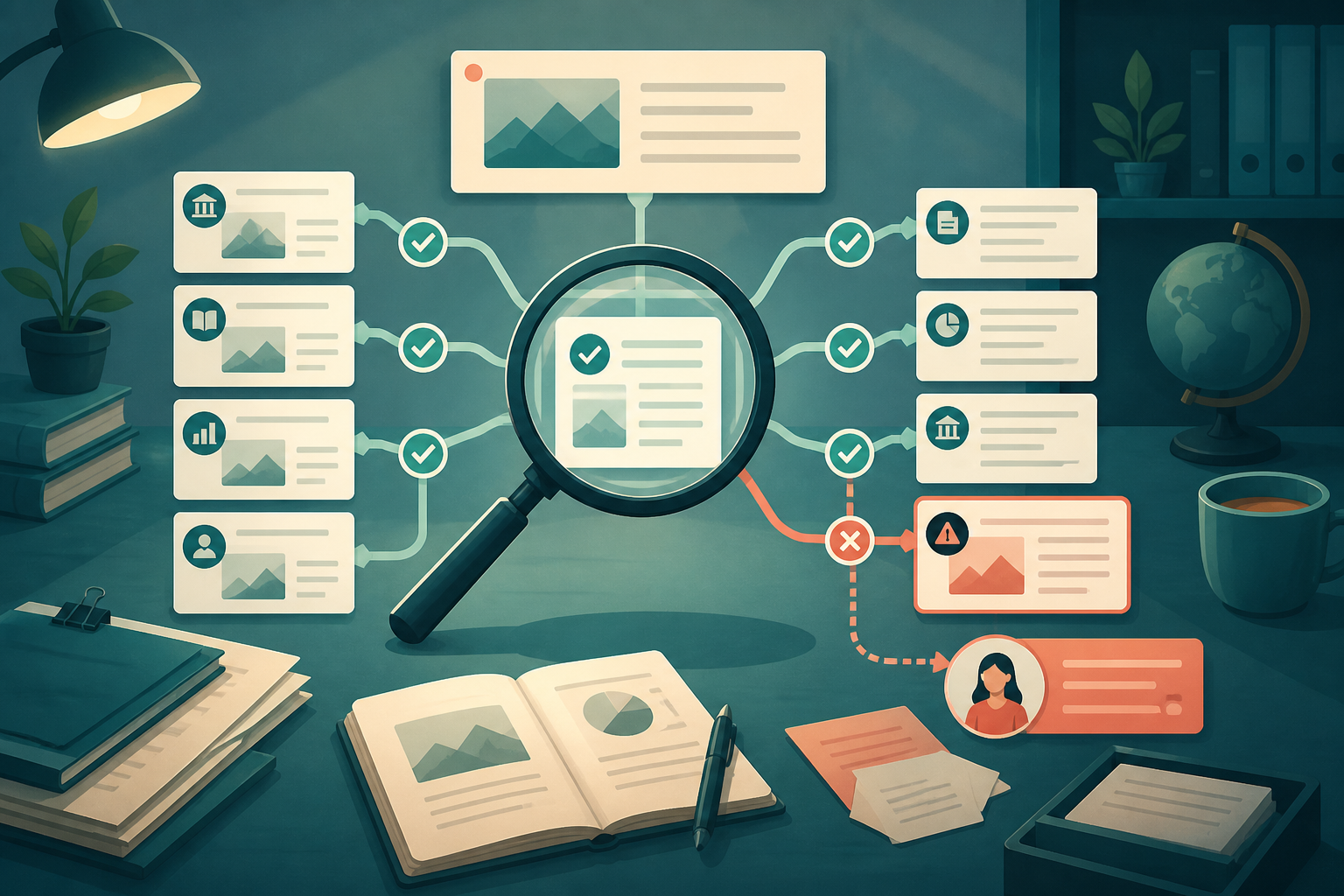 Claim-to-source verification for offshore research support editorial illustration